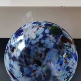 Designer Ball Vase in blown art glass, Murano style. Multi-colored speckles/smoke swirls. Dim 26 x 13 cm