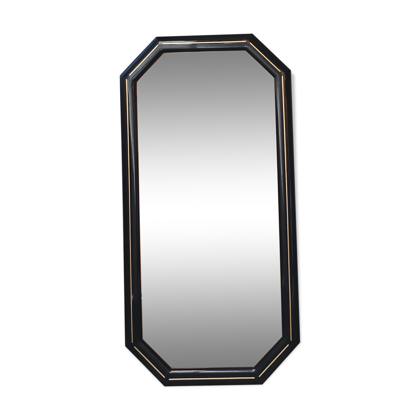 Octagonal mirror in lacquered black wood and brass - mirror smoked glass pink gold
