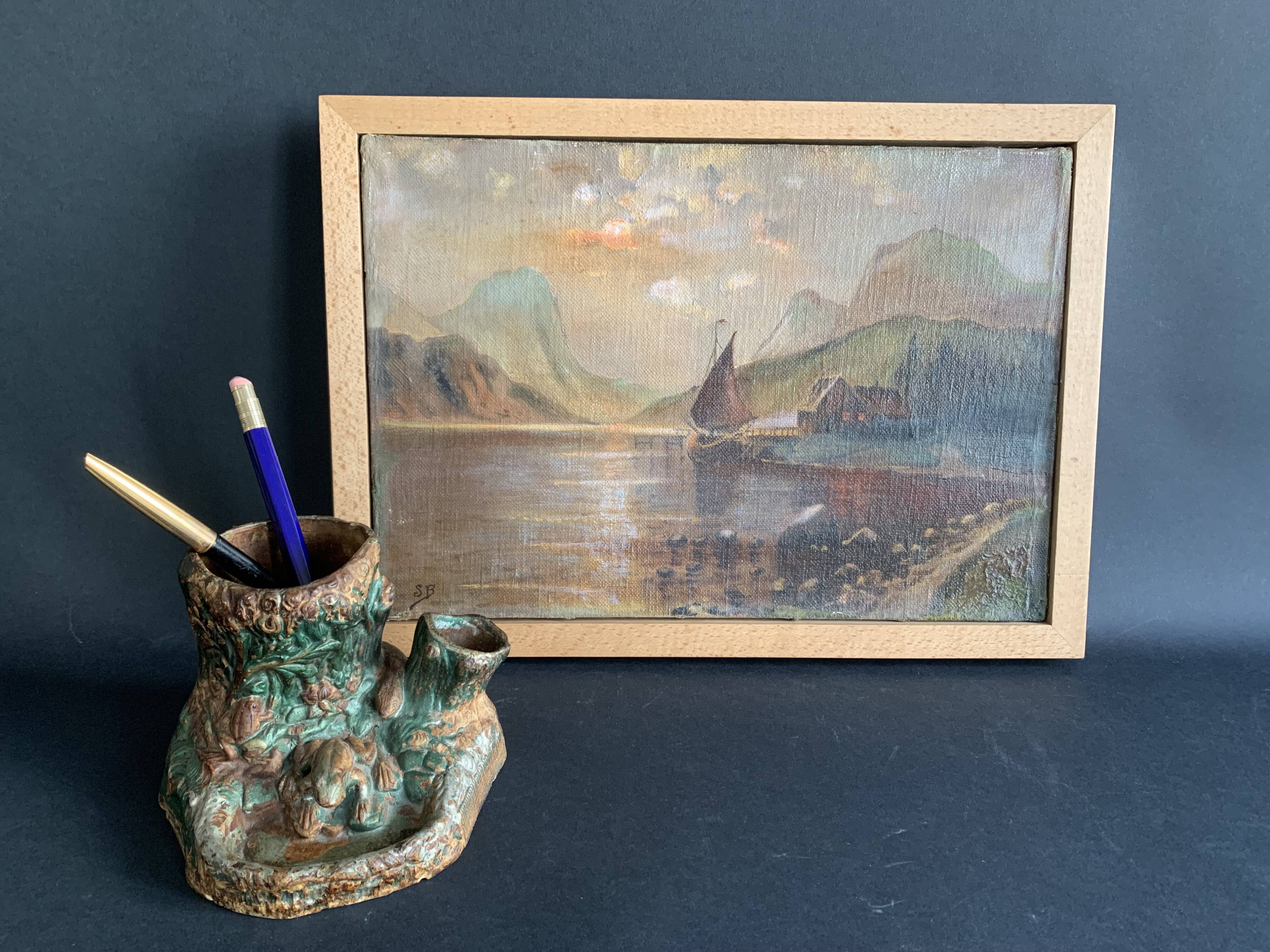 Pyrogenic, naturalistic tobacco jar in glazed terracotta from the 1900s