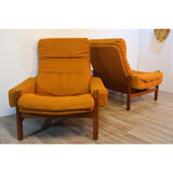 Pair of Scandinavian armchairs in teak and fabric 1960