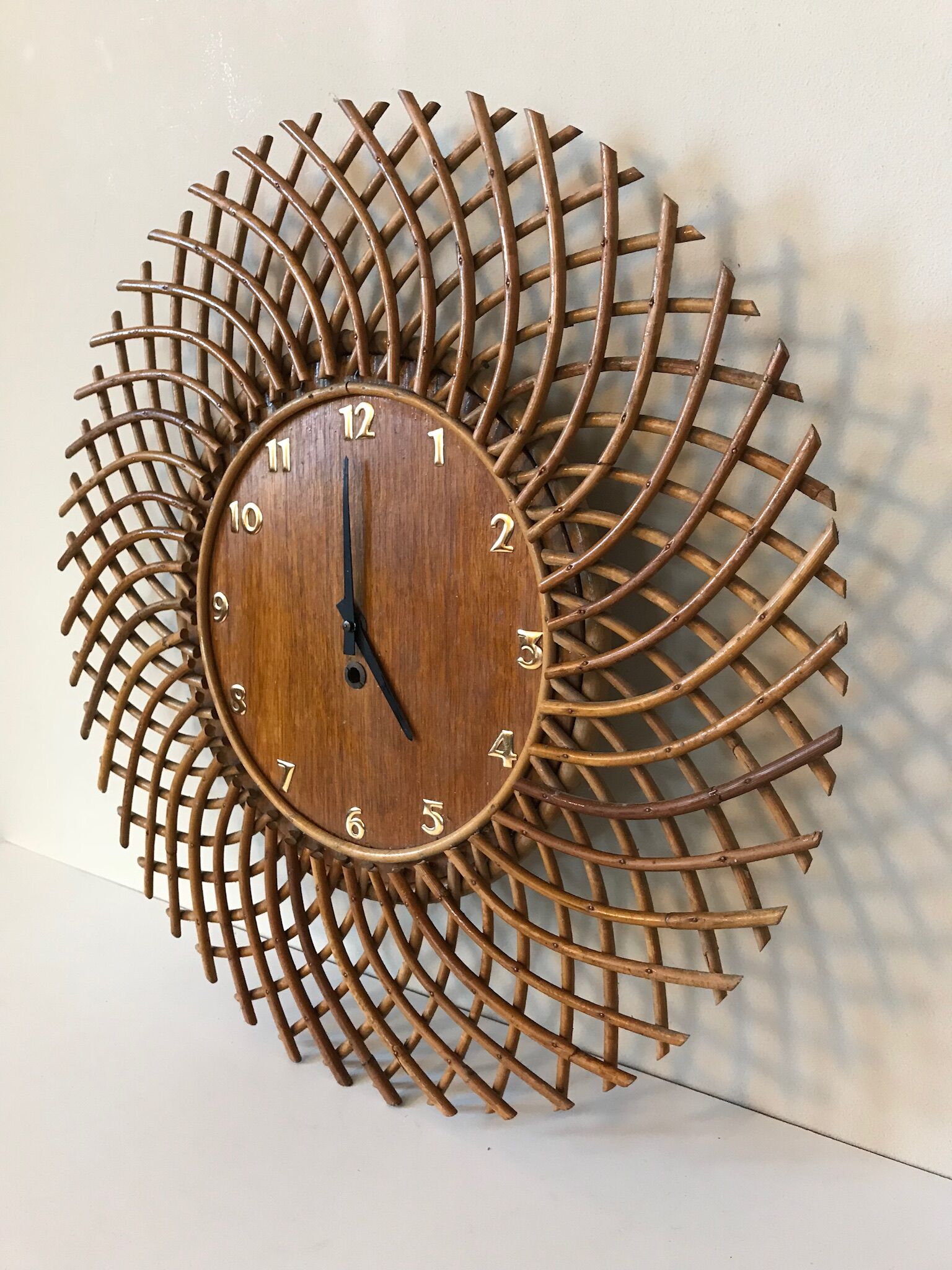 1960s vintage rattan sun clock