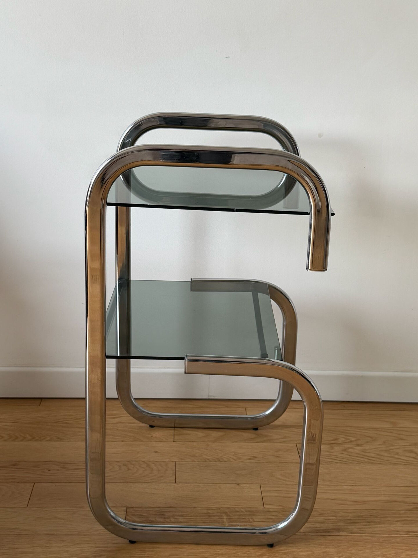 Vintage side table in smoked glass and chrome