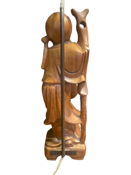 Carved wooden table lamp representing a man