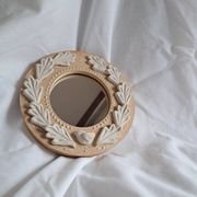 Red and white stoneware mirror, oak leaves