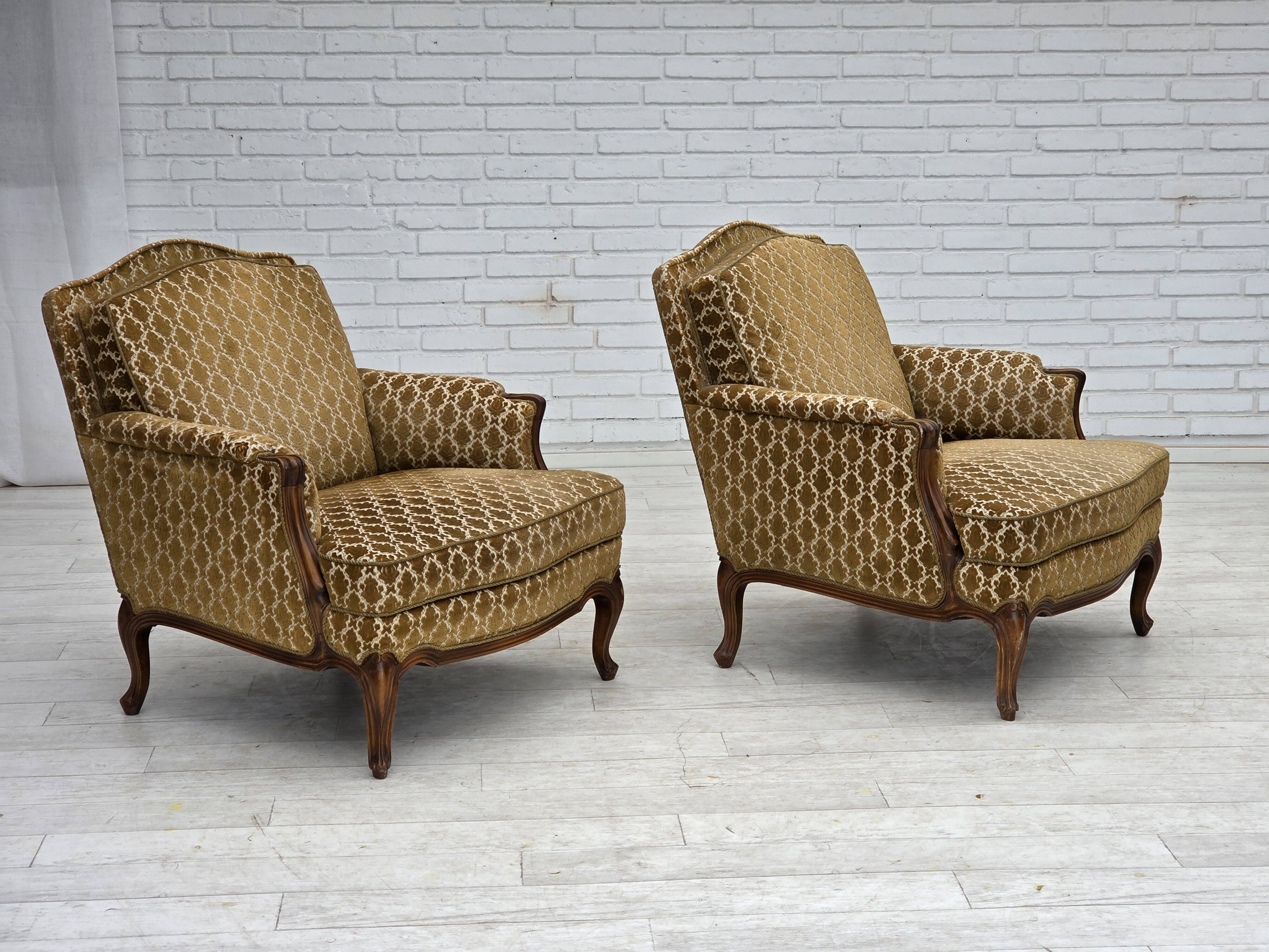 1950s, Danish relax chair, furniture velour, carved ash wood.