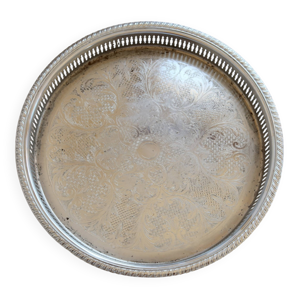 Grand plateau rond vintage métal argenté gravé et ajouré