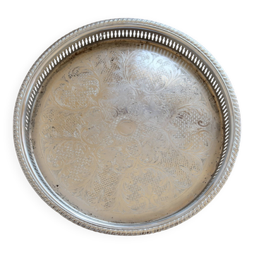 Grand plateau rond vintage métal argenté gravé et ajouré