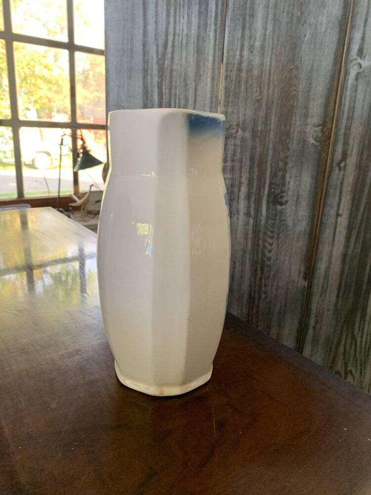 Vintage ceramic pitcher in white and blue from Gránitgyár Budapest, 1960s — floral halo pattern, square handle.