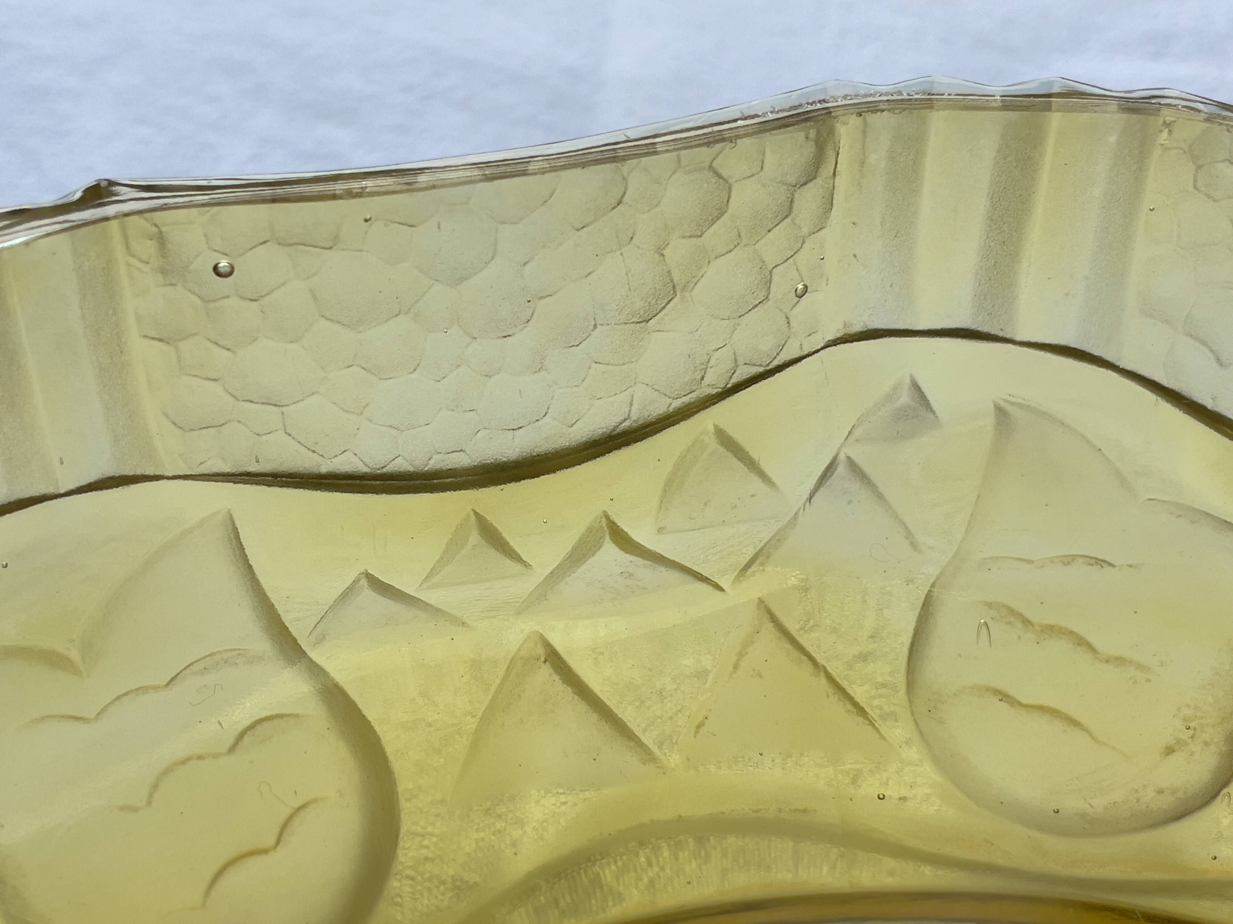 Rare Art Deco salad bowl by André Hunebelle in yellow molded pressed glass