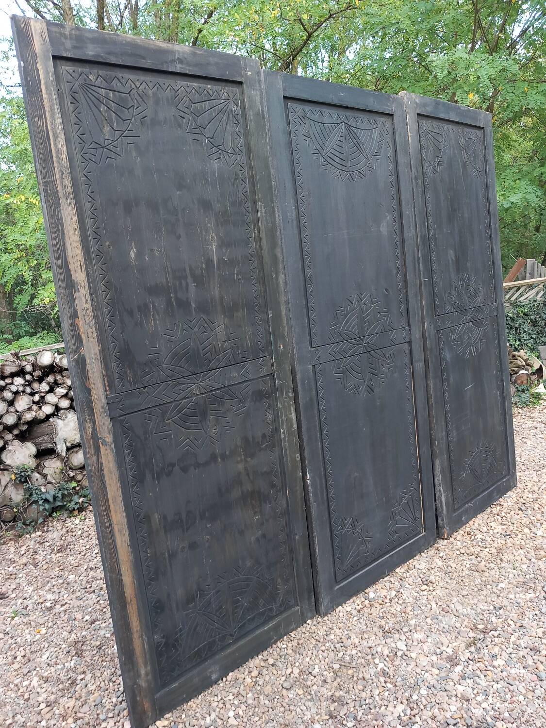 3 large carved wooden panels/doors