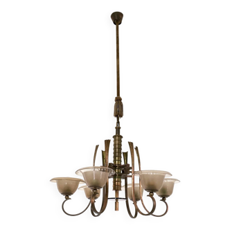 Vintage Six-Arm Brass and Brown Blown Glass Chandelier Attr. to Paolo Buffa