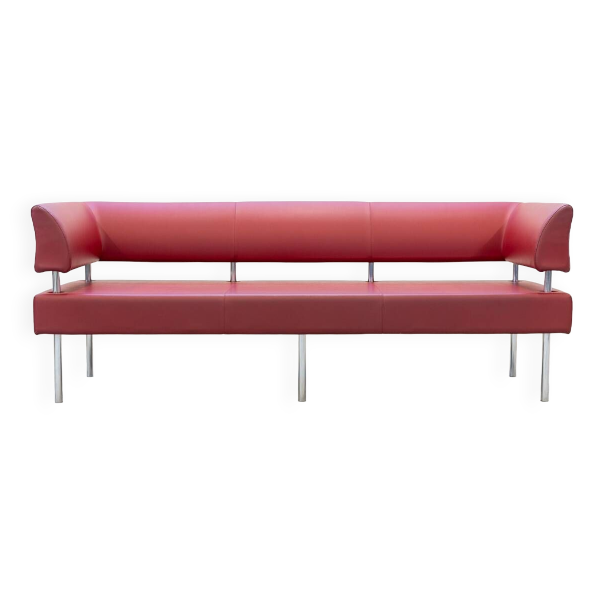 Business class 3-seater sofa in red leather and chrome iron legs, 1990s