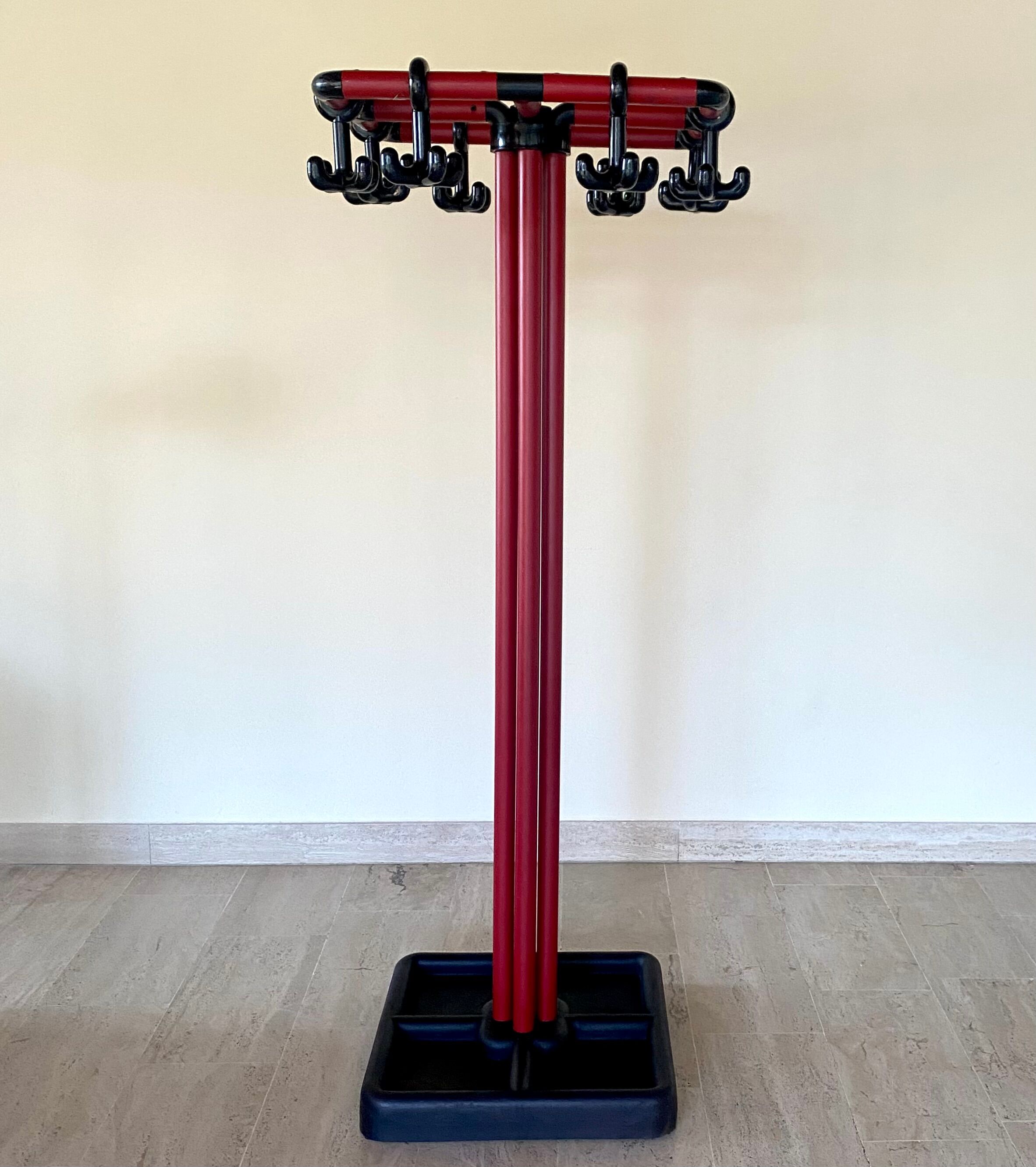 Red and black coat rack design 1980s