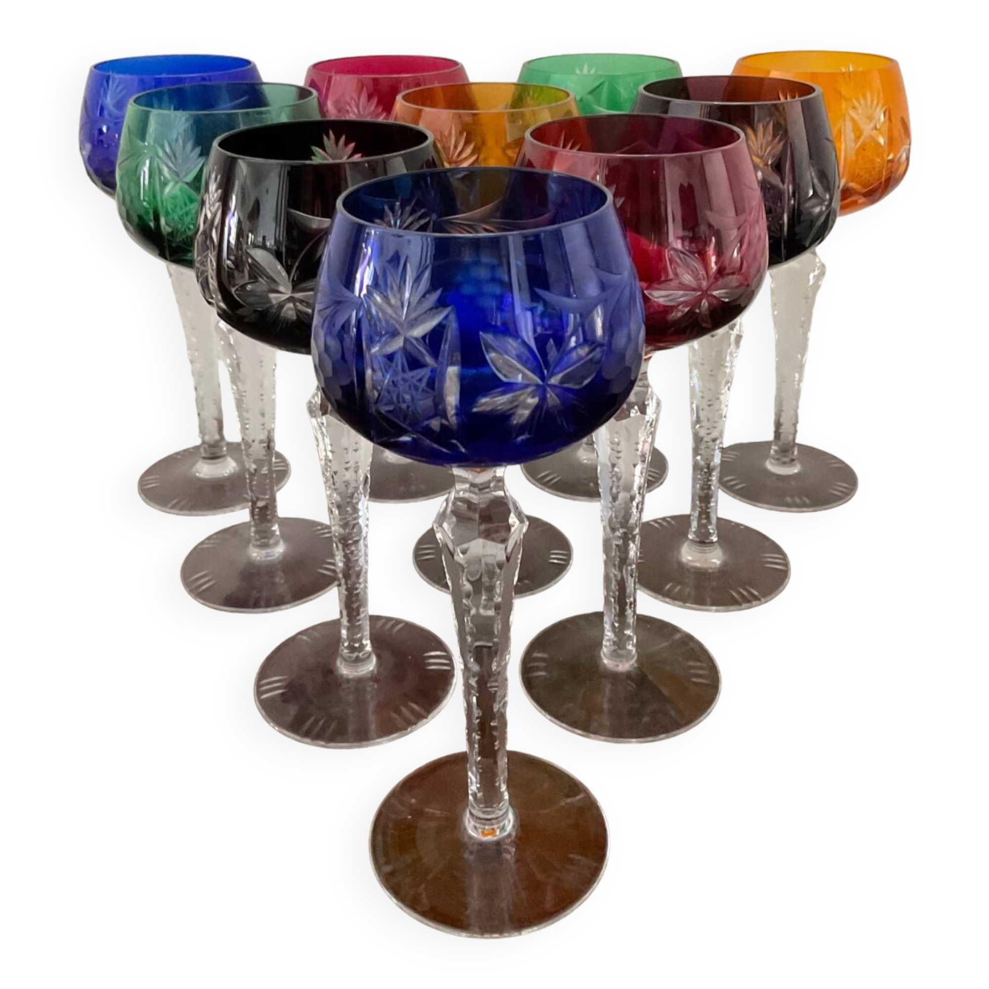 Series of 10 old multicolored chiseled crystal glasses