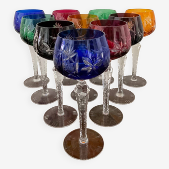 Series of 10 old multicolored chiseled crystal glasses