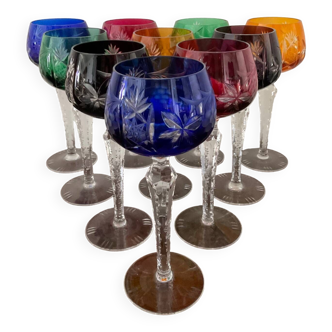 Series of 10 old multicolored chiseled crystal glasses