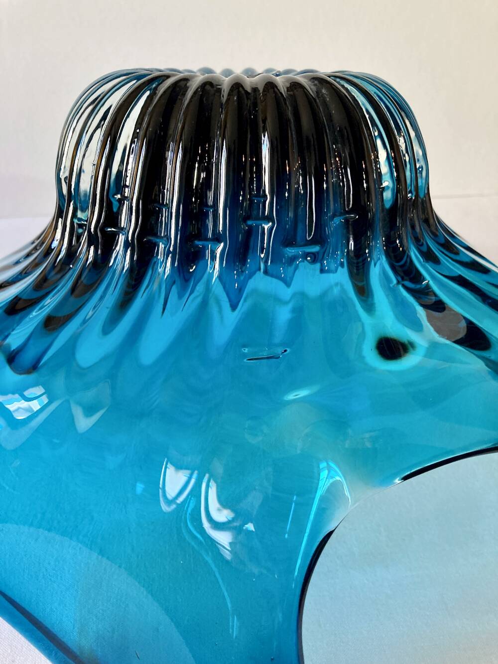 Large blue blown glass fruit bowl