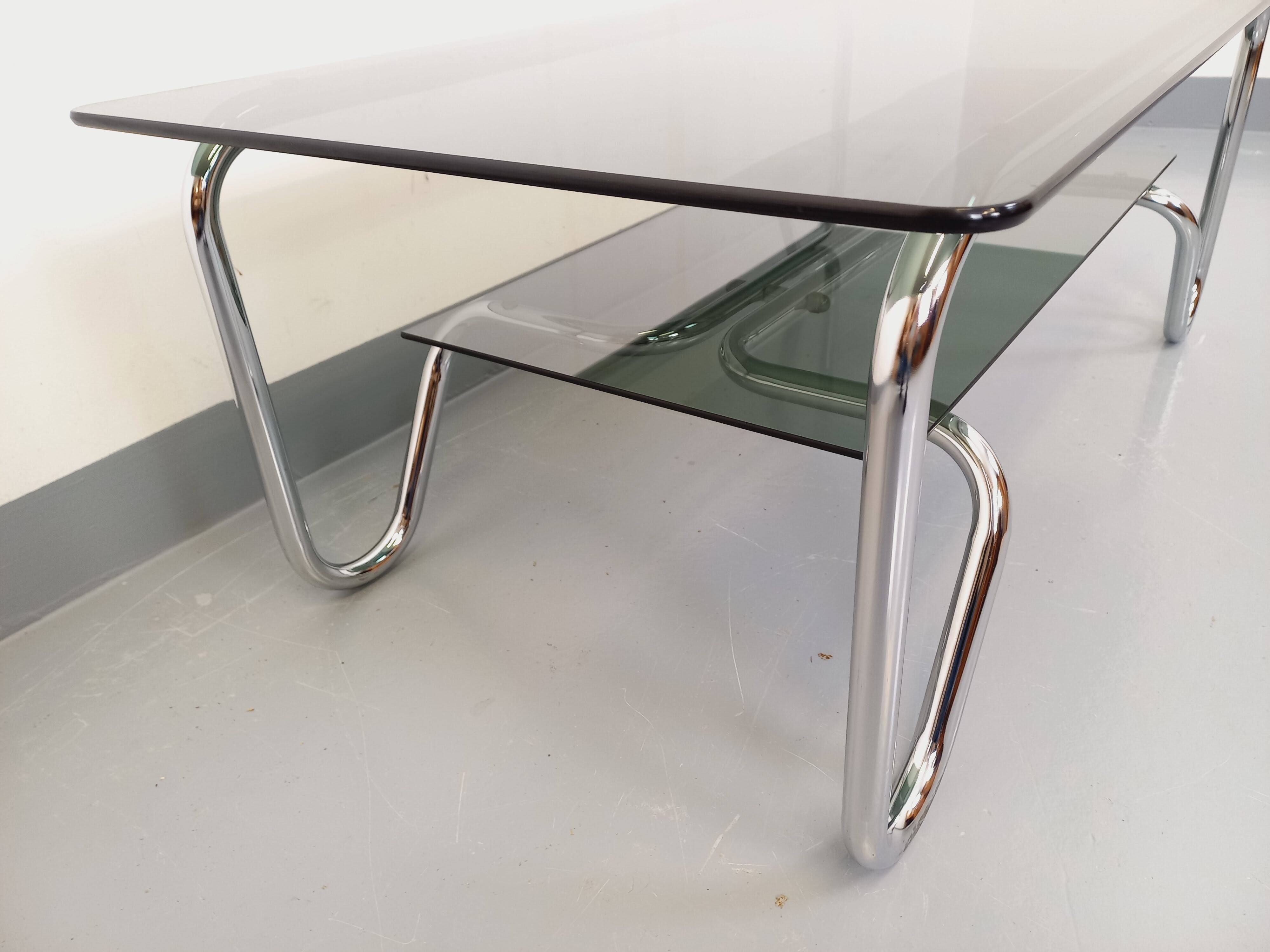 Vintage Italian rectangular coffee table with 2 smoked glass tops