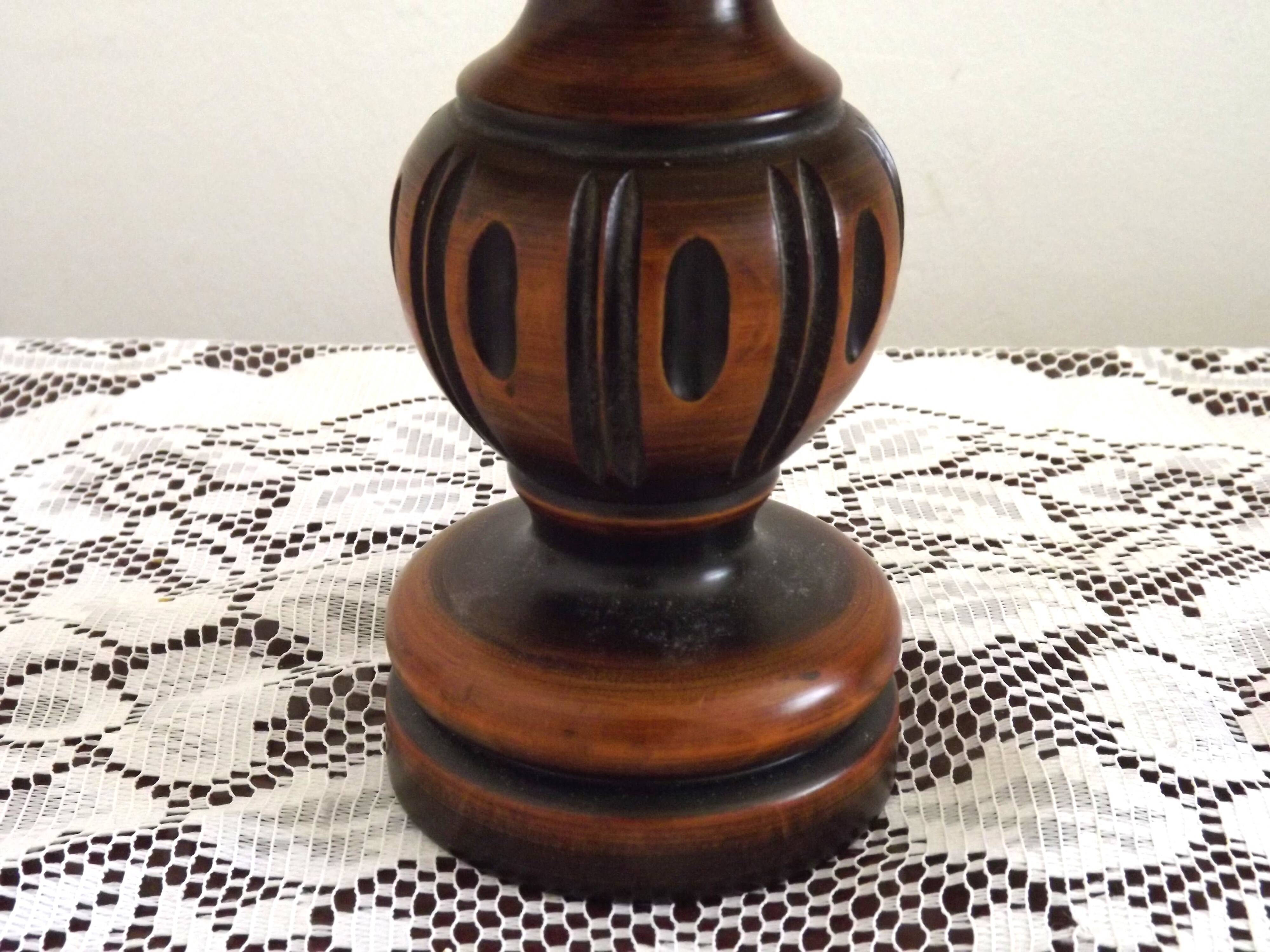French Mid Century Round Turned Wood Grooved Table Lamp Hide Skin Shade
