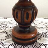 French Mid Century Round Turned Wood Grooved Table Lamp Hide Skin Shade