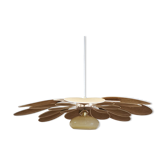 Suspension old opaline globe and petals linen and rattan