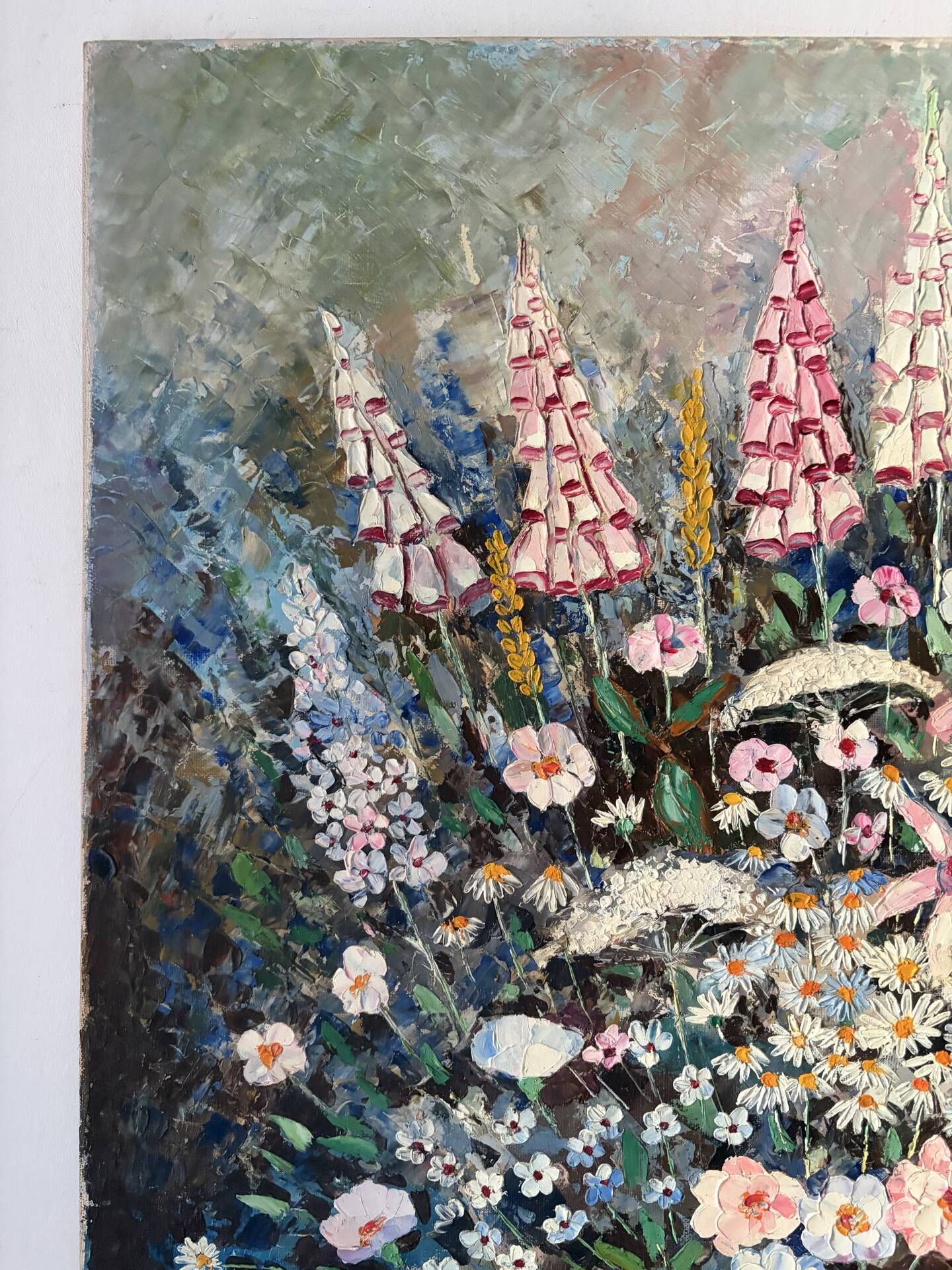 Wildflower bouquet with foxgloves, knife oil painting signed H Barro.