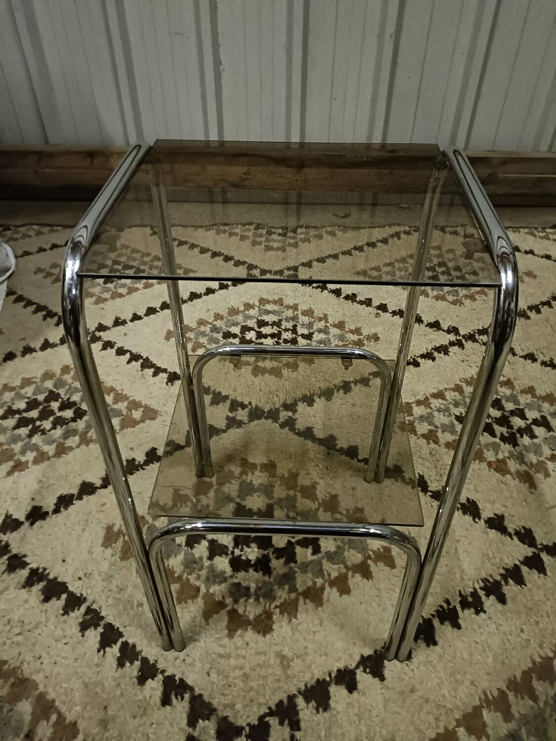 Vintage pedestal table, smoked glasses