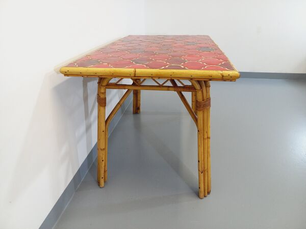 Table à manger vintage en rotin et céramique de Vallauris des années 50 60