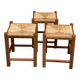 Square stool in solid wood with straw