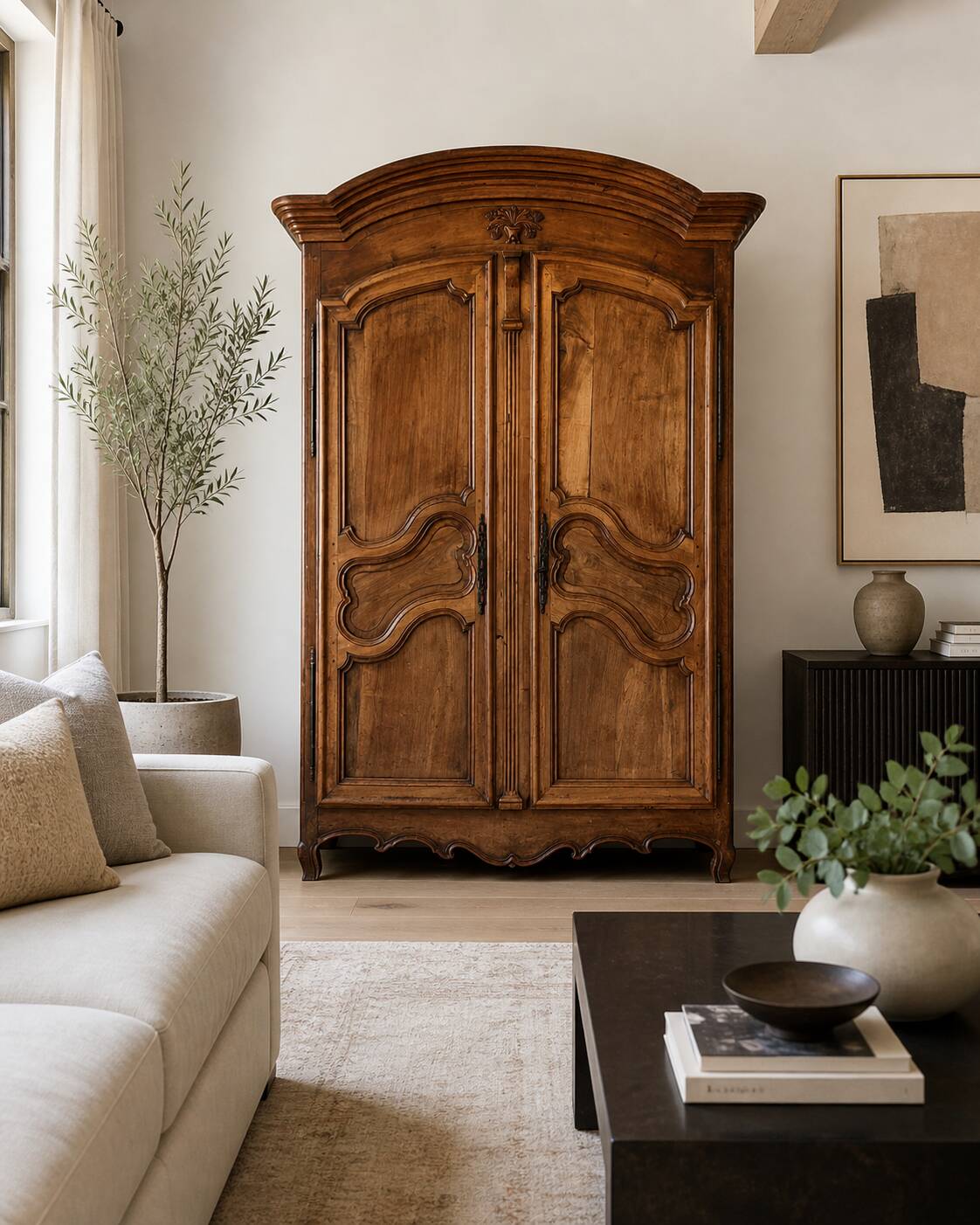 Dauphinoise wardrobe in Louis XV style in walnut, storage sideboard H:2.20m