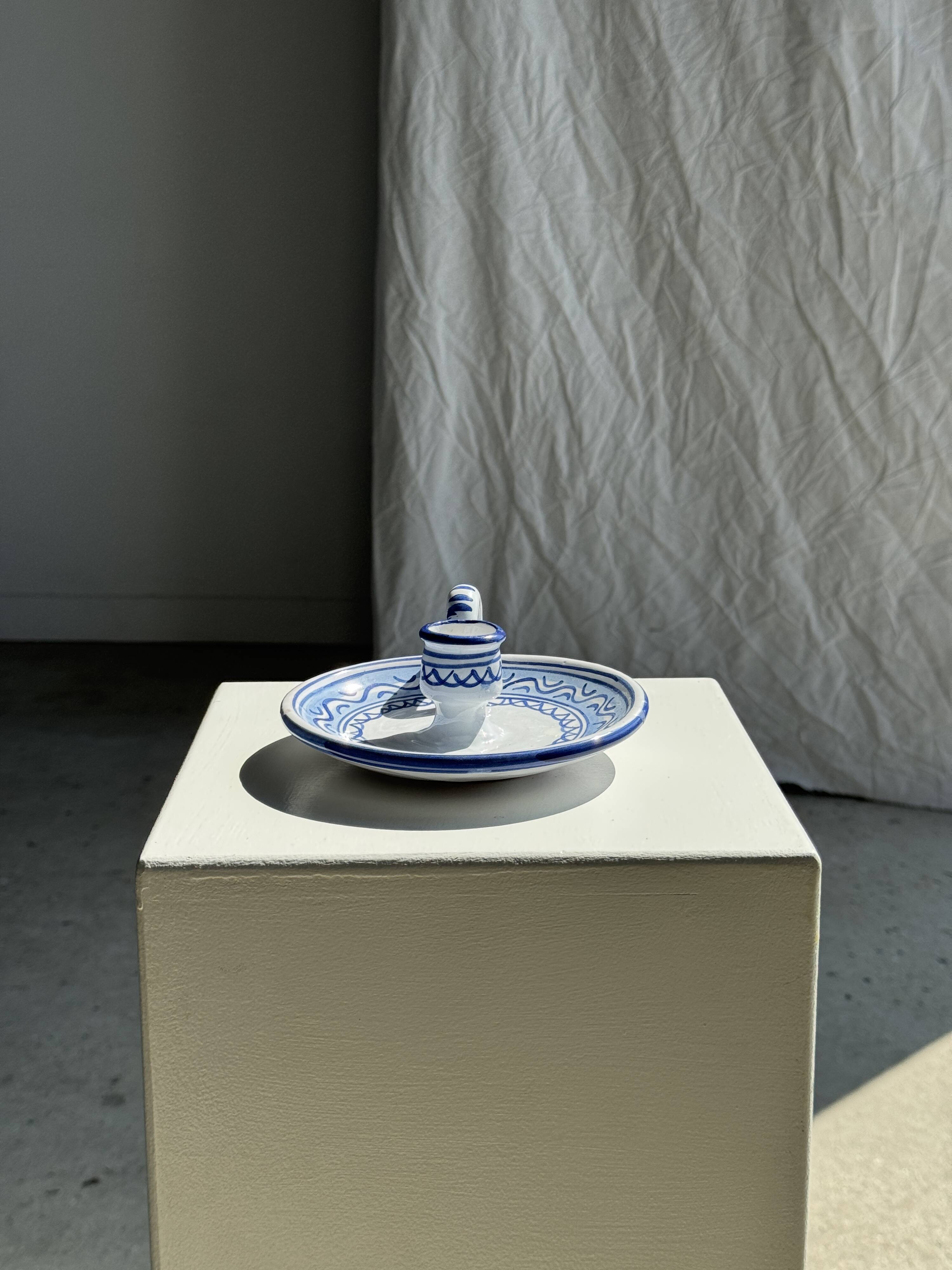 Small handmade white candle holder with blue geometric frieze pattern H7