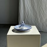 Petit bougeoir à main fait main blanc à motif de frise géométrique bleue H7