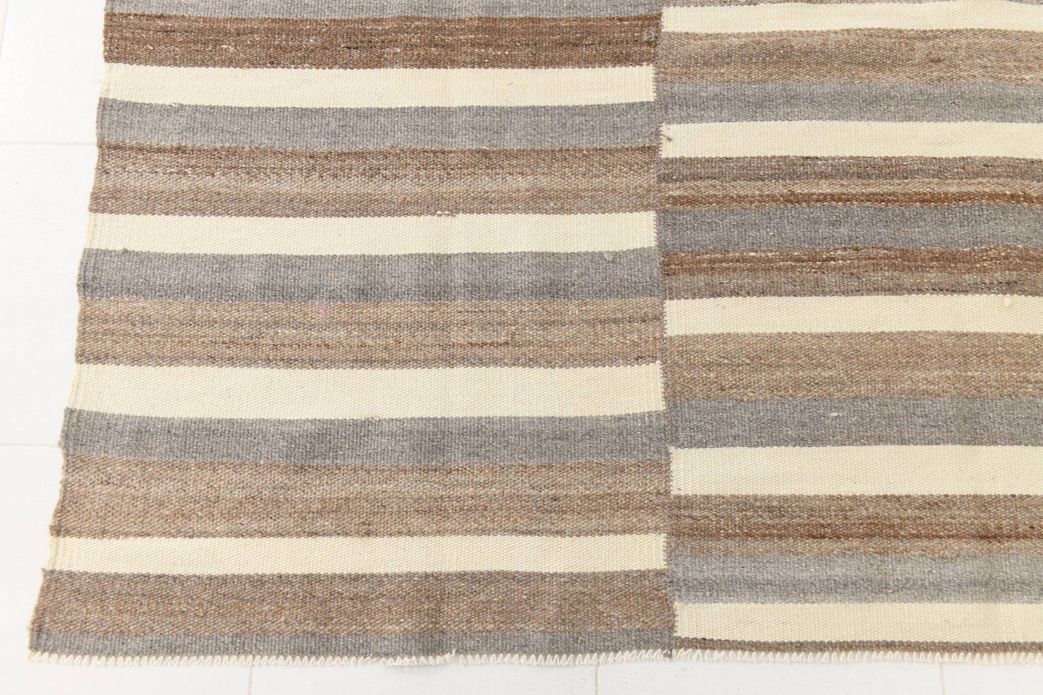 Contemporary Brown & Beige Striped Motifs Vintage Kilim Rug, 226x306Cm