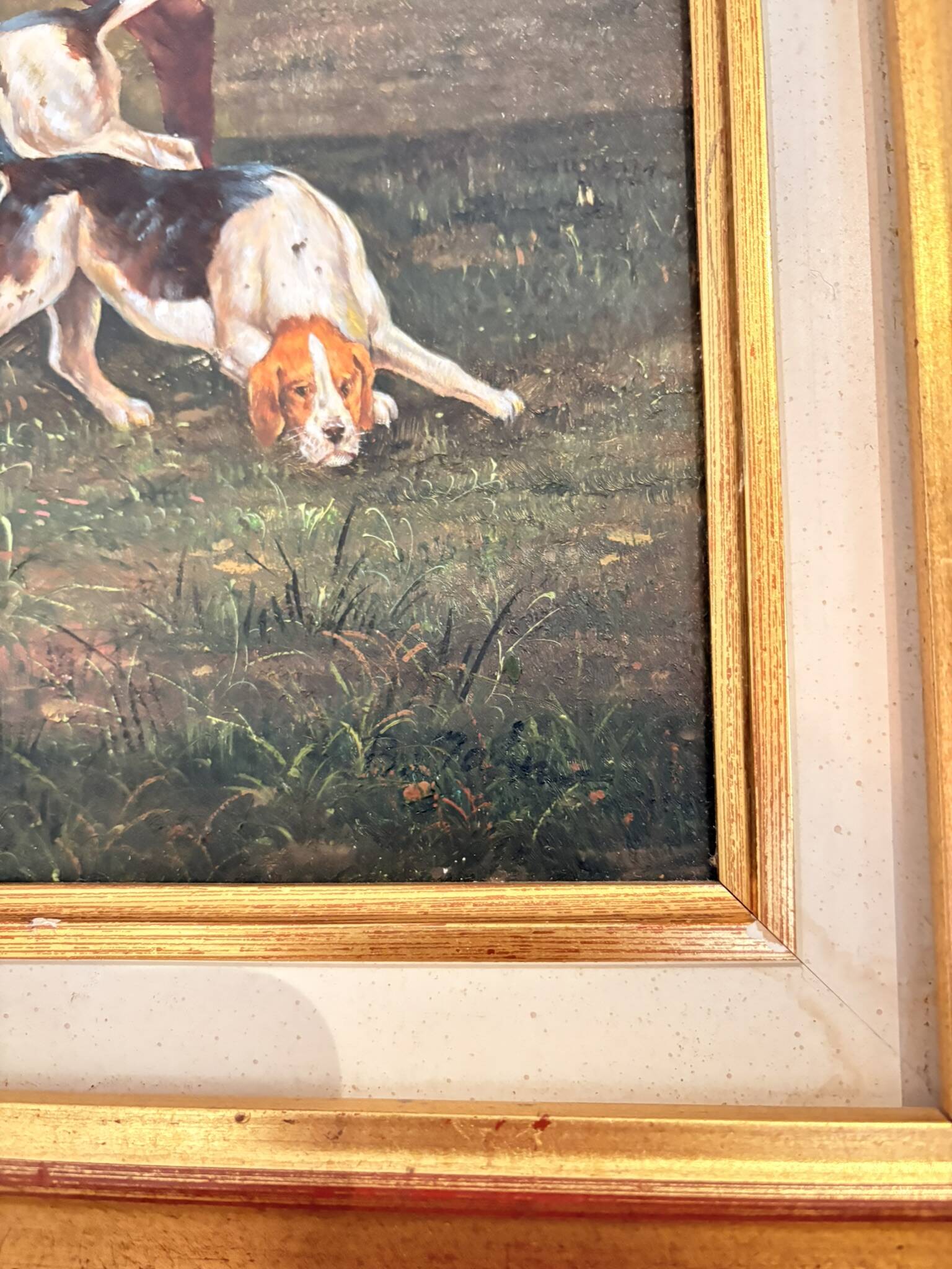 Oil Painting on Wood Panel with Golden Frame, English Hunting Dog