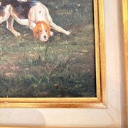Oil Painting on Wood Panel with Golden Frame, English Hunting Dog