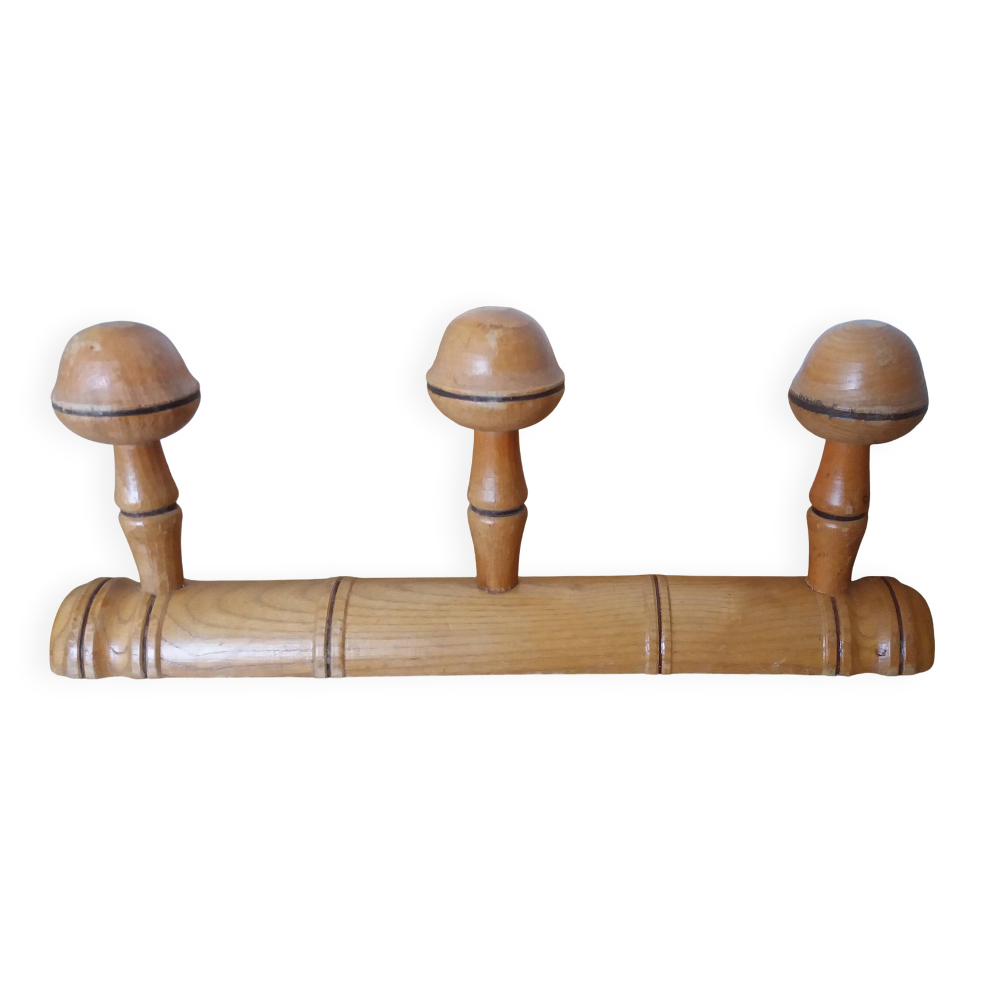 Porte manteau mural en bois façon bambou à 3 patères forme champignon
