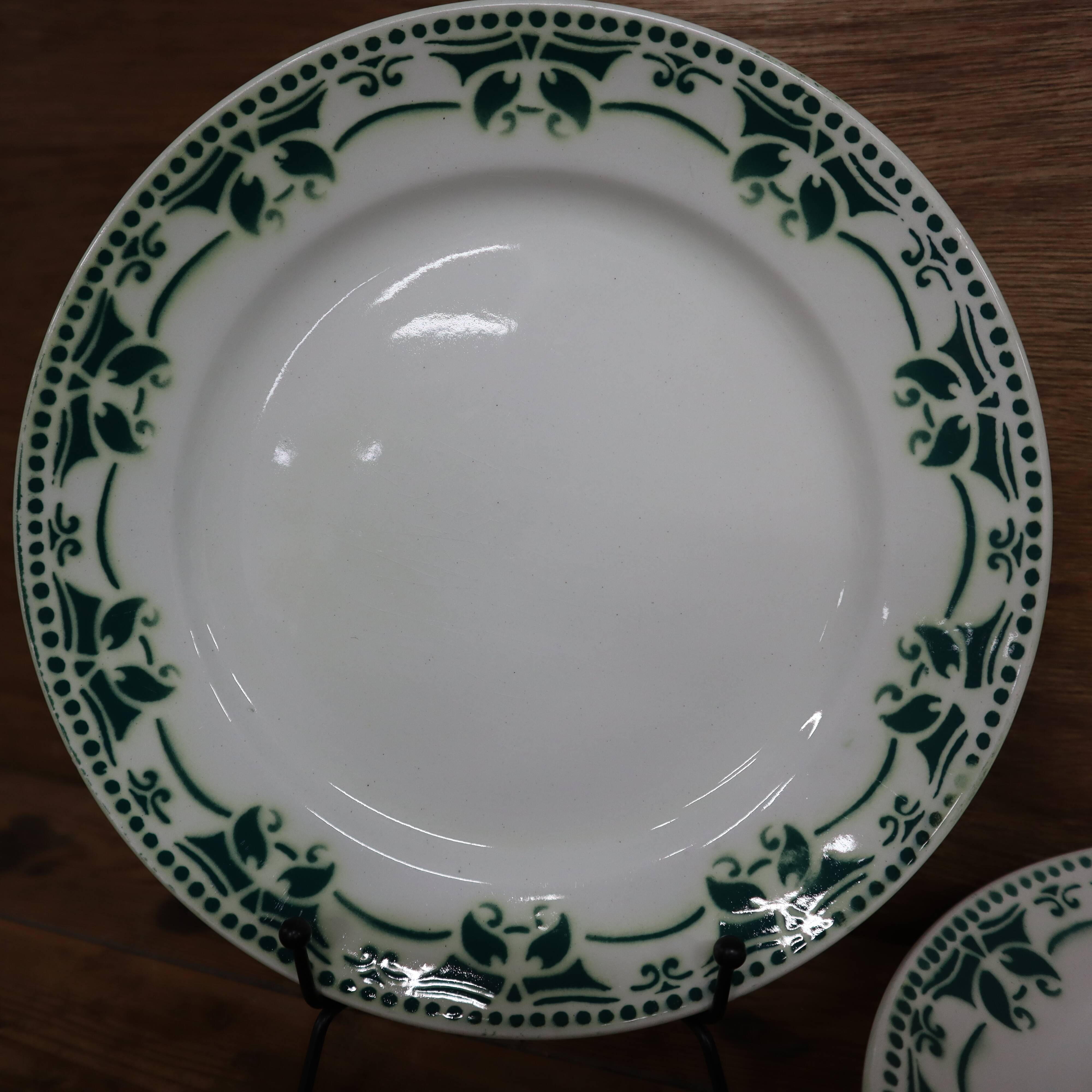 6 flat plates in white and green earthenware Saint Amand Terre de Fer