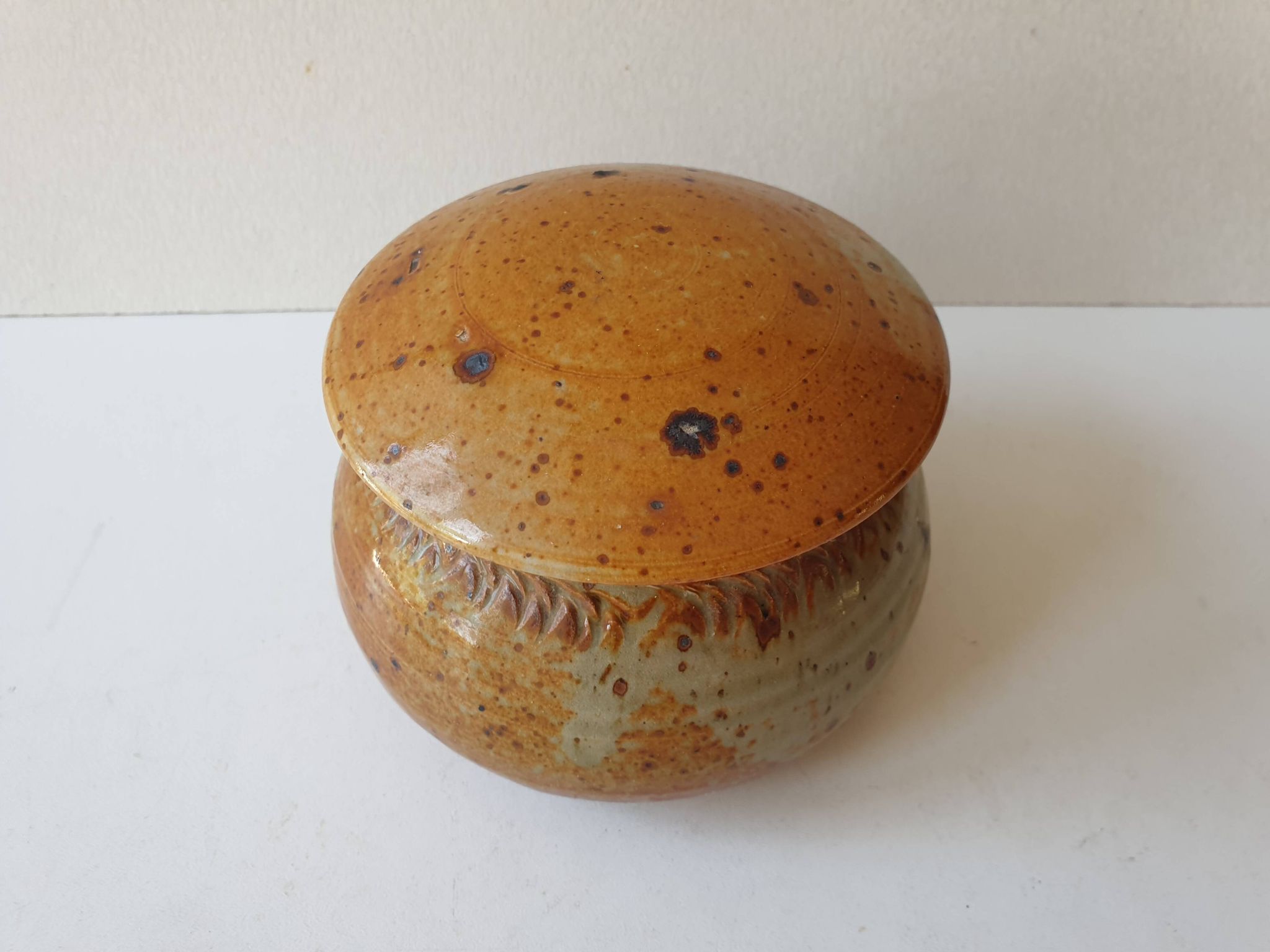 Pyrite stoneware ceramic candy box signed A (Signature to be identified)