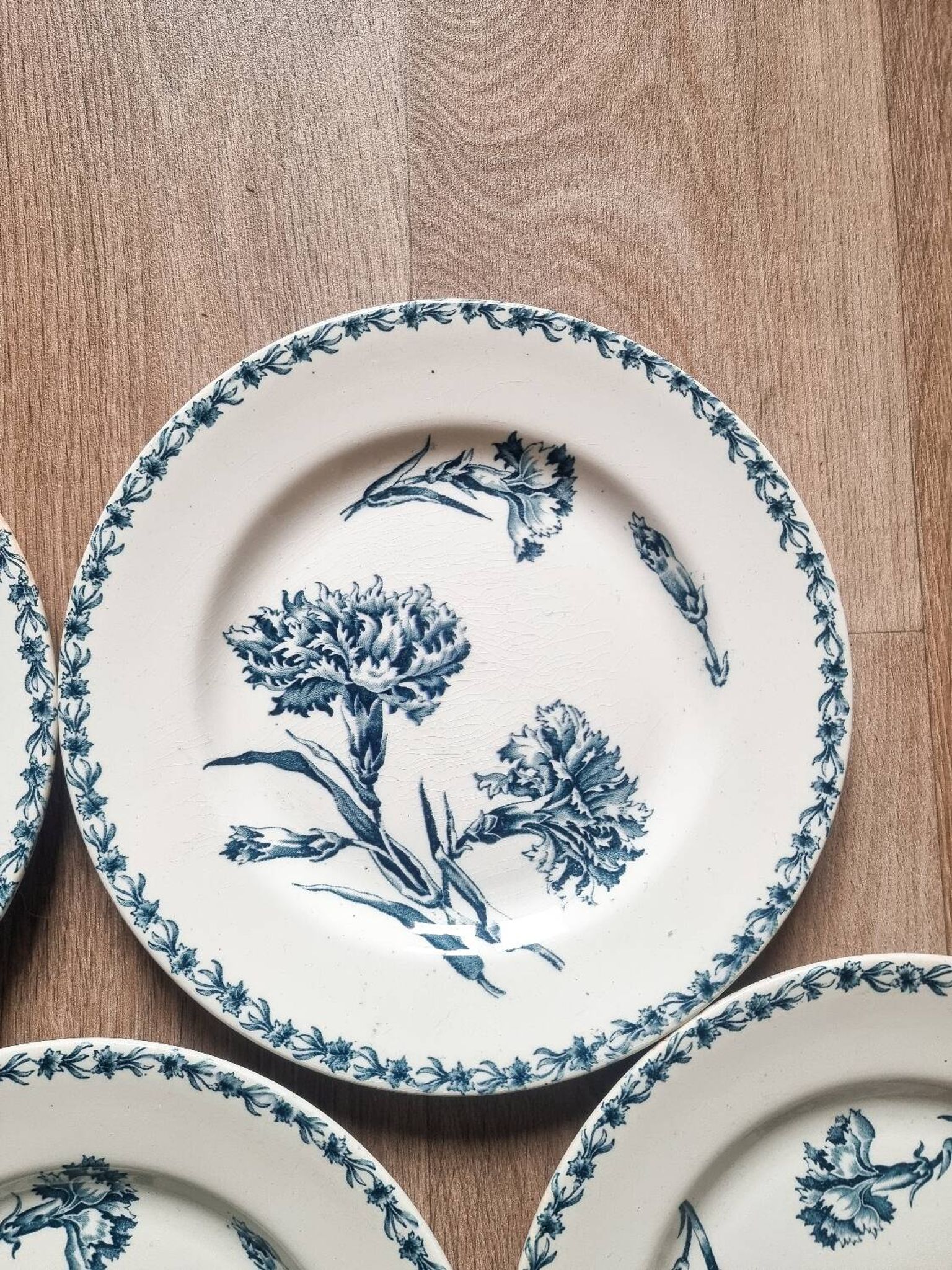 5 iron earthenware flat plates, KG Lunéville, Oeillet, 1900