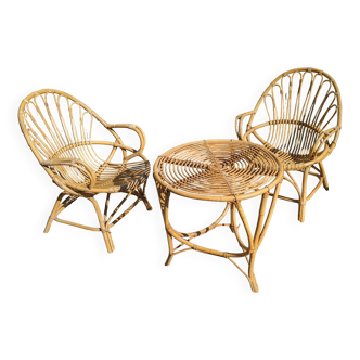 rattan garden set 2 armchairs and side table