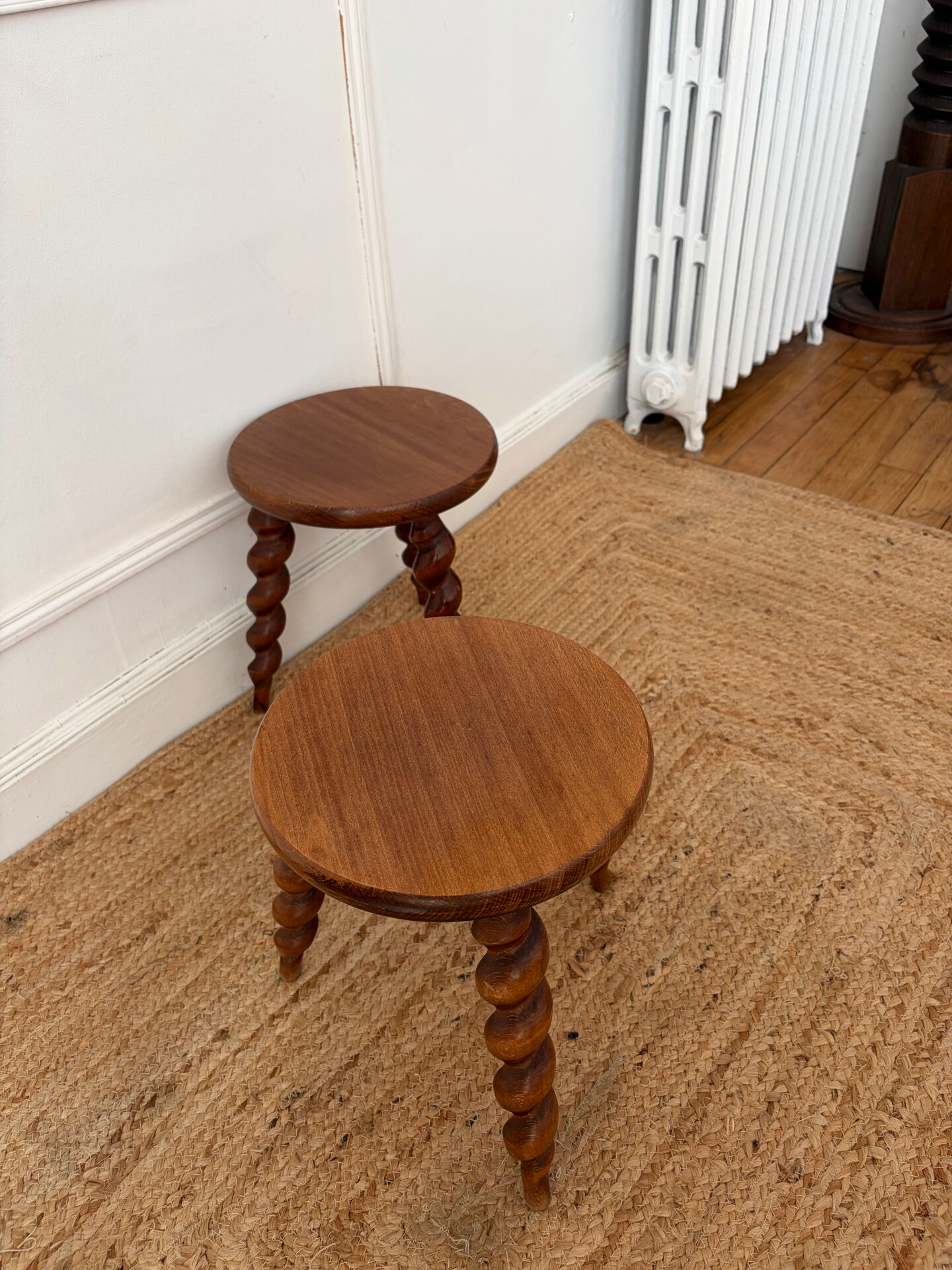 Pair of twisted wooden tripod stools