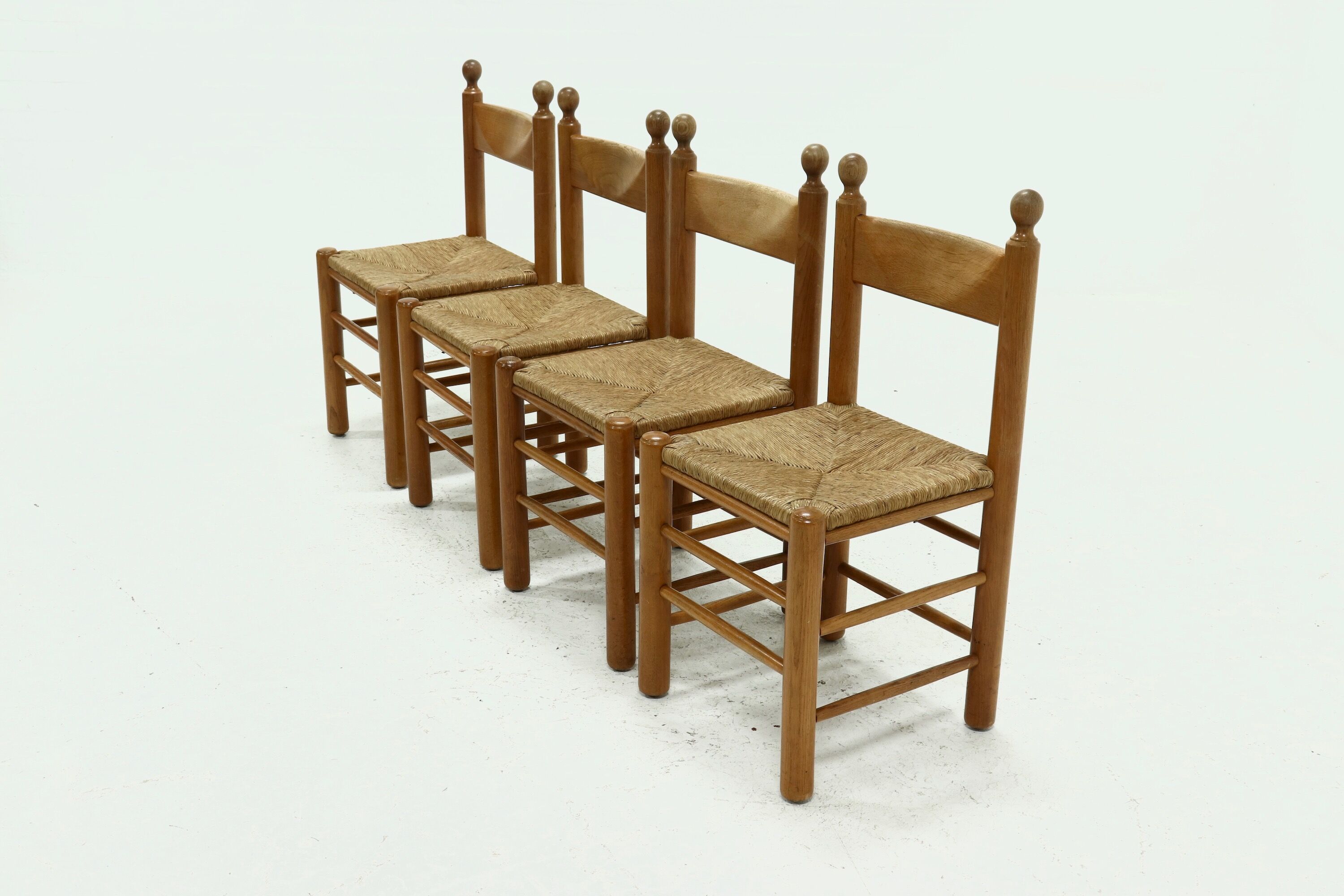Set of 4 solid oak & rush brutalist dining chairs 1960s