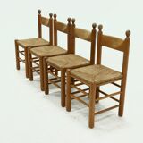 Set of 4 solid oak & rush brutalist dining chairs 1960s