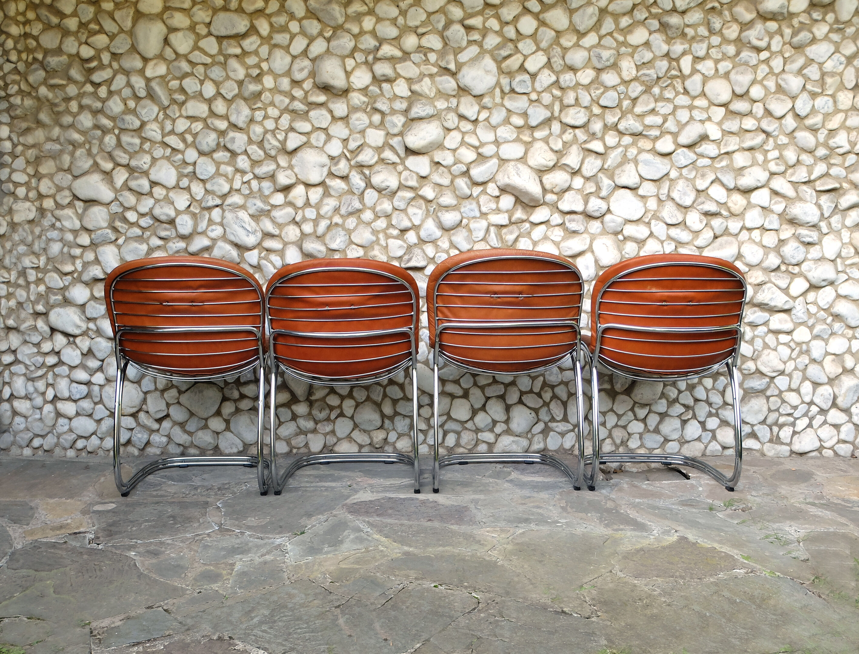 Seérie of 4 chairs Sabrina design Gastone Rinaldi for Rima, tawny leather, 1970