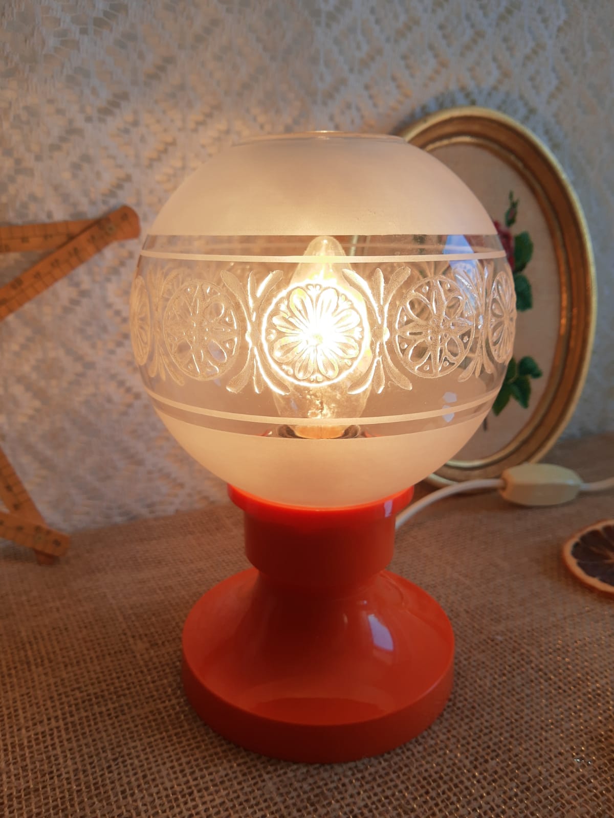 Retro orange table lamp and 70s glass globe