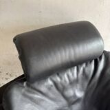 Vintage Scandinavian Black Leather Armchair with Ottoman — Solid Dark Wood Frame, Mid‑Century Modern