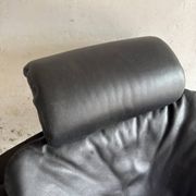 Vintage Scandinavian Black Leather Armchair with Ottoman — Solid Dark Wood Frame, Mid‑Century Modern