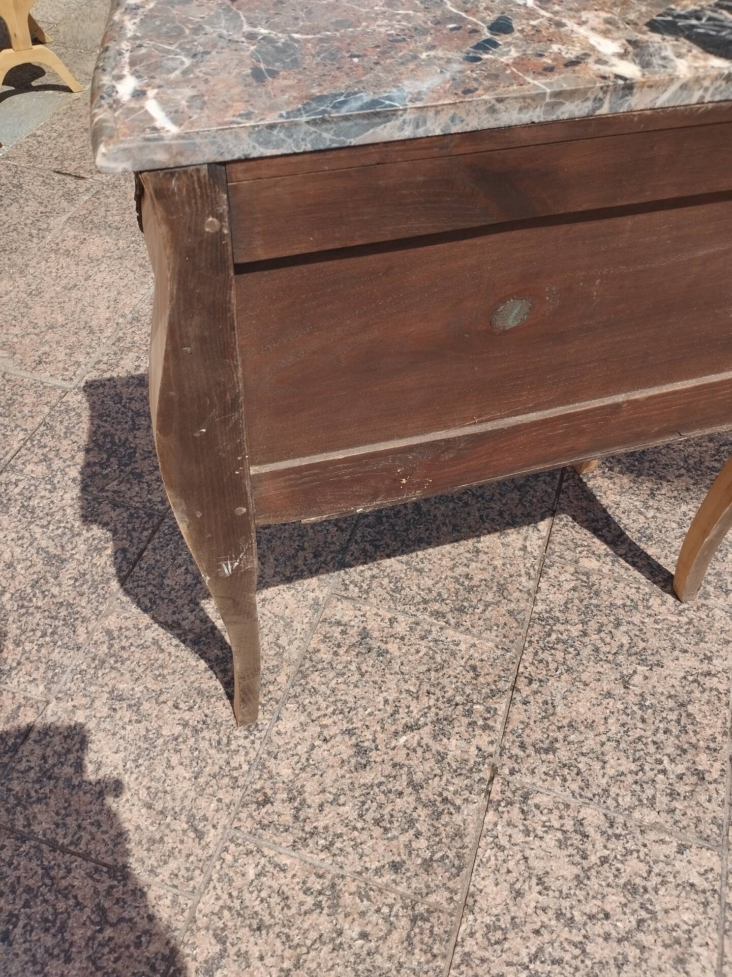 Antique commode in marquetry in the Louis XV style with a marble top.