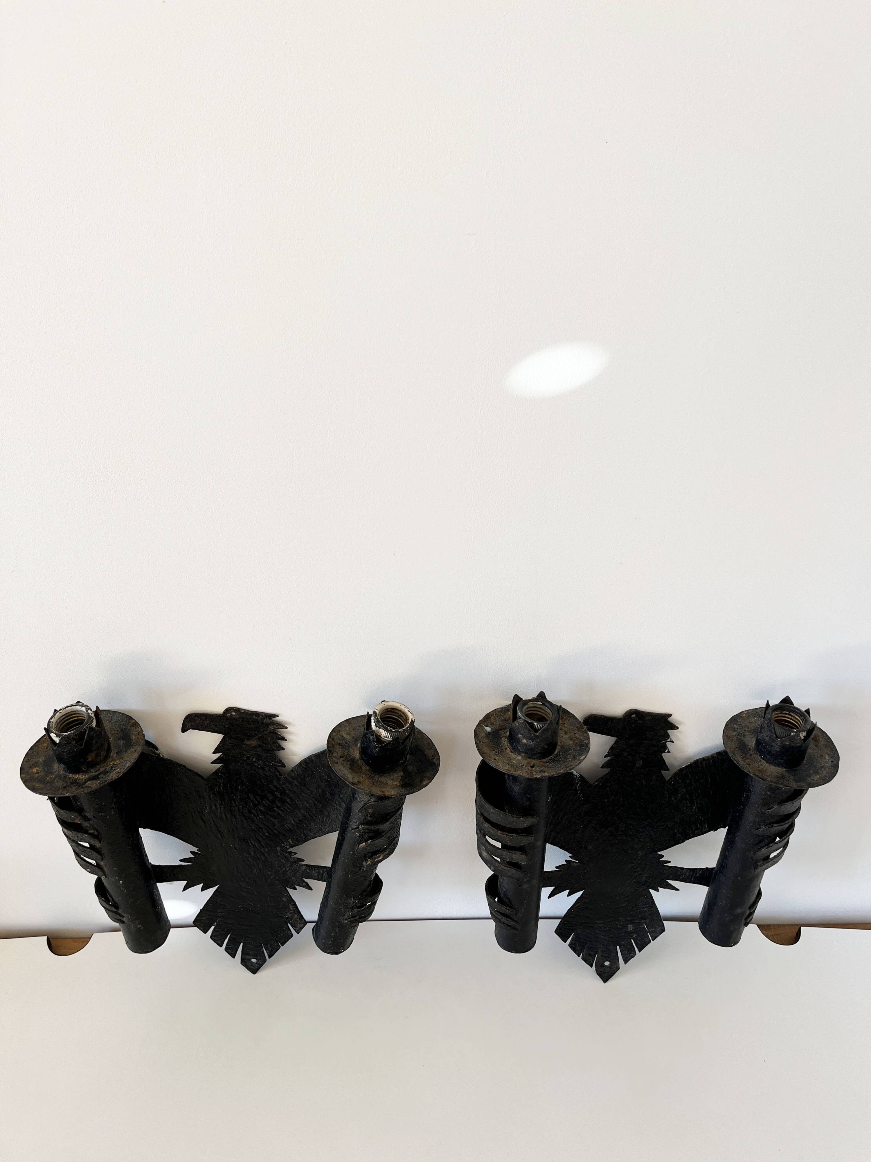 Pair of Brutalist Wrought Iron Eagle Wall Sconces