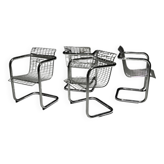 Set of 4 Tubular Frame Wire Chairs, Italy, 1980s